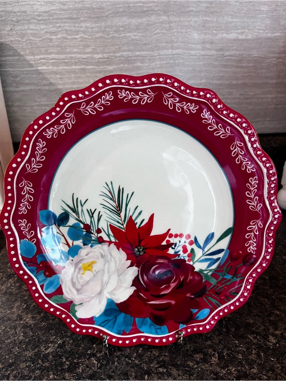The Pioneer Woman Red Floral Scalloped Salad Plate with Blue and White Accents